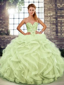Stunning Floor Length Ball Gowns Sleeveless Yellow Green 15 Quinceanera Dress Lace Up
