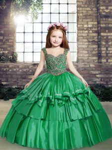 Green Taffeta Lace Up Little Girls Pageant Gowns Sleeveless Floor Length Beading