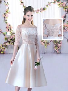 Stylish Tea Length Lace Up Damas Dress Champagne for Wedding Party with Lace and Belt