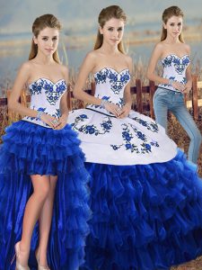 Nice Royal Blue Sleeveless Floor Length Embroidery and Ruffled Layers and Bowknot Lace Up Quinceanera Gown