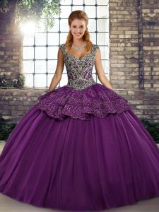 Inexpensive Purple Tulle Lace Up Straps Sleeveless Floor Length Quinceanera Dresses Beading and Appliques