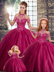 Dynamic Fuchsia Tulle Lace Up Halter Top Sleeveless 15th Birthday Dress Brush Train Beading