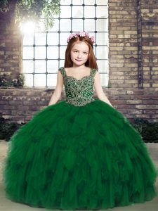 Stunning Dark Green Tulle Lace Up Little Girl Pageant Gowns Sleeveless Floor Length Beading and Ruffles