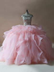 Chic Lace Up Quinceanera Gowns Pink for Sweet 16 and Quinceanera with Beading and Ruffles Brush Train