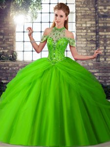 Sleeveless Tulle Brush Train Lace Up 15th Birthday Dress in with Beading and Pick Ups