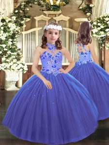 Floor Length Blue Kids Pageant Dress Halter Top Sleeveless Lace Up