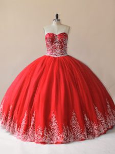 Sleeveless Tulle Floor Length Lace Up Quinceanera Gowns in Red with Embroidery