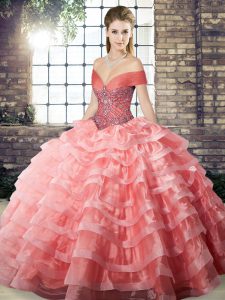Watermelon Red Ball Gowns Beading and Ruffled Layers Sweet 16 Dress Lace Up Organza Sleeveless
