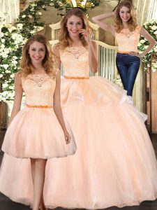 Cute Peach Sleeveless Organza Zipper Quinceanera Gowns for Military Ball and Sweet 16 and Quinceanera