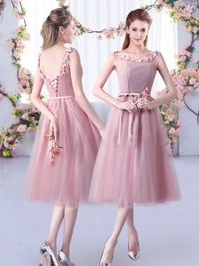 Custom Design Tulle Scoop Sleeveless Lace Up Appliques and Belt Dama Dress in Pink