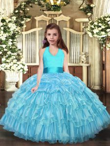 High Class Aqua Blue Sleeveless Organza Lace Up Little Girls Pageant Dress for Party and Wedding Party