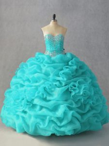 Customized Aqua Blue Ball Gowns Beading and Pick Ups and Hand Made Flower Quinceanera Dress Lace Up Organza Sleeveless Floor Length