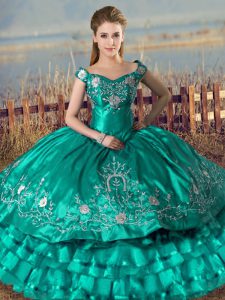 New Style Turquoise Ball Gowns Embroidery and Ruffled Layers Quinceanera Dresses Lace Up Satin Sleeveless Floor Length