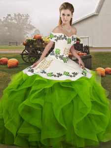 Romantic Sleeveless Tulle Floor Length Lace Up 15th Birthday Dress in Green with Embroidery and Ruffles