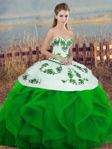 Ideal Floor Length Green Sweet 16 Dress Tulle Sleeveless Embroidery and Ruffles and Bowknot