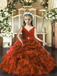 Classical Brown Organza Backless Little Girls Pageant Dress Sleeveless Floor Length Beading and Ruffles and Pick Ups