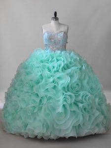 Colorful Apple Green Quinceanera Gown Fabric With Rolling Flowers Brush Train Sleeveless Beading