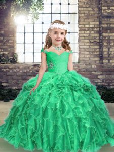 Lovely Floor Length Ball Gowns Long Sleeves Turquoise Child Pageant Dress Lace Up