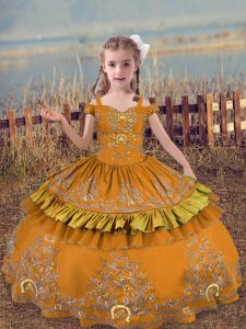 Brown Ball Gowns Satin Off The Shoulder Sleeveless Beading and Embroidery Floor Length Lace Up Glitz Pageant Dress