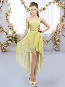 Lovely Yellow Chiffon Lace Up Sweetheart Sleeveless High Low Damas Dress Beading