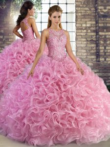 Sleeveless Floor Length Beading Lace Up Quinceanera Gowns with Rose Pink