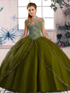 Dramatic Olive Green Lace Up Sweetheart Beading Quinceanera Dress Organza Cap Sleeves Brush Train