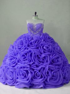 Lavender Fabric With Rolling Flowers Lace Up Vestidos de Quinceanera Sleeveless Brush Train Beading