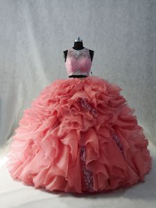 Nice Scoop Sleeveless Organza Ball Gown Prom Dress Beading Brush Train Zipper
