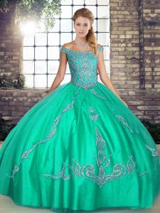 Dazzling Turquoise Off The Shoulder Neckline Beading and Embroidery Ball Gown Prom Dress Sleeveless Lace Up