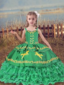Turquoise Ball Gowns Straps Sleeveless Organza Floor Length Lace Up Beading and Embroidery and Ruffled Layers Child Pageant Dress