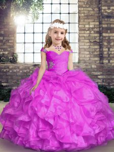 Gorgeous Lilac Sleeveless Beading and Ruffles Floor Length Kids Pageant Dress