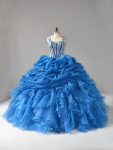 Blue Ball Gowns Straps Sleeveless Organza Floor Length Lace Up Beading and Ruffles Quinceanera Dress