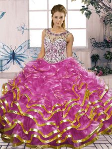 Floor Length Fuchsia Sweet 16 Quinceanera Dress Scoop Sleeveless Lace Up