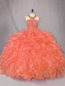 Ball Gowns Quinceanera Dress Orange Scoop Organza Sleeveless Floor Length Zipper