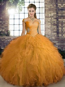 Best Orange Sweet 16 Dress Military Ball and Sweet 16 and Quinceanera with Beading and Ruffles Off The Shoulder Sleeveless Lace Up