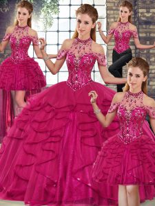 Stylish Beading and Ruffles Quinceanera Dress Fuchsia Lace Up Sleeveless Floor Length