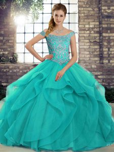 Pretty Sleeveless Beading and Ruffles Lace Up Quinceanera Gowns with Aqua Blue Brush Train