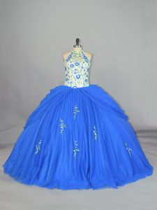 Blue Sleeveless Floor Length Appliques and Embroidery Lace Up Quinceanera Dress