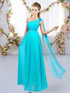 Glittering Aqua Blue One Shoulder Neckline Beading and Hand Made Flower Quinceanera Dama Dress Sleeveless Lace Up