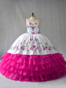 Ideal Fuchsia Satin and Organza Lace Up 15 Quinceanera Dress Sleeveless Floor Length Embroidery and Ruffled Layers
