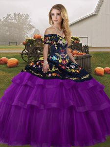 Black And Purple Ball Gowns Tulle Off The Shoulder Sleeveless Embroidery and Ruffled Layers Lace Up Quinceanera Dresses Brush Train