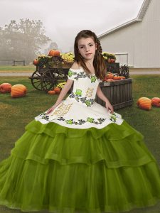 Trendy Straps Sleeveless Kids Pageant Dress Floor Length Embroidery and Ruffled Layers Olive Green Tulle