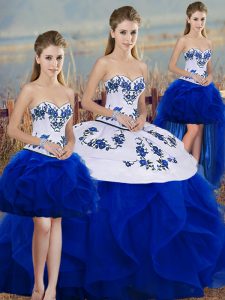 Royal Blue Sweetheart Neckline Embroidery and Ruffles and Bowknot Sweet 16 Dress Sleeveless Lace Up