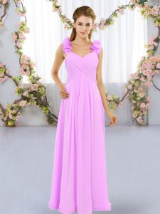 Glamorous Lilac Empire Chiffon Straps Sleeveless Hand Made Flower Floor Length Lace Up Vestidos de Damas