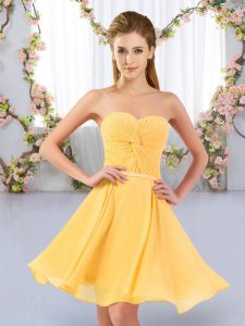 Gold Chiffon Lace Up Quinceanera Court of Honor Dress Sleeveless Mini Length Ruching