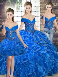 Off The Shoulder Sleeveless 15 Quinceanera Dress Floor Length Beading and Ruffles Royal Blue Organza