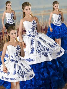 Dynamic Floor Length Lace Up Sweet 16 Dresses Blue And White for Sweet 16 and Quinceanera with Embroidery and Ruffles