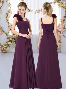 High End Dark Purple Quinceanera Dama Dress Wedding Party with Hand Made Flower Straps Sleeveless Lace Up