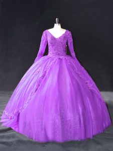 Cute Floor Length Lace Up Quinceanera Dress Purple for Sweet 16 and Quinceanera with Lace and Appliques