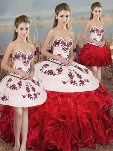 Floor Length White And Red Sweet 16 Dress Organza Sleeveless Embroidery and Ruffles and Bowknot